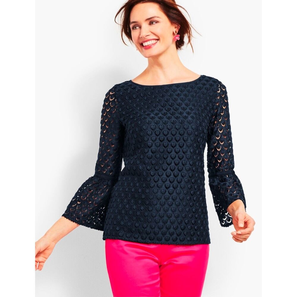 rsvp by Talbots Navy Lace Bell-Sleeve Top Size M